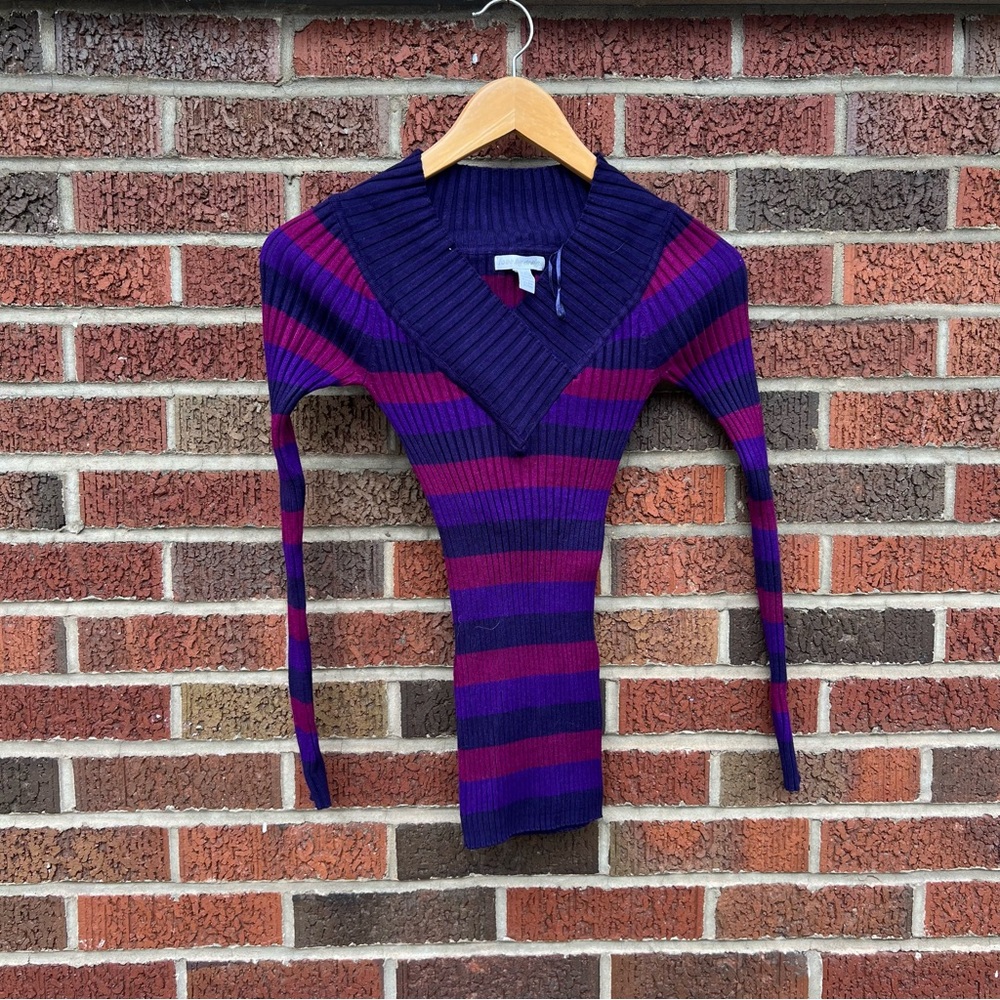 Love By Design Dark Purple and Pink Surplice V Neck Ribbed Sweater - Picture 1 of 2
